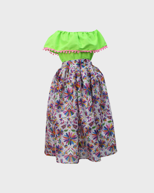 Set Patrio Falda con Elementos Estilo  Mexicana y Blusa Campesina color Verde