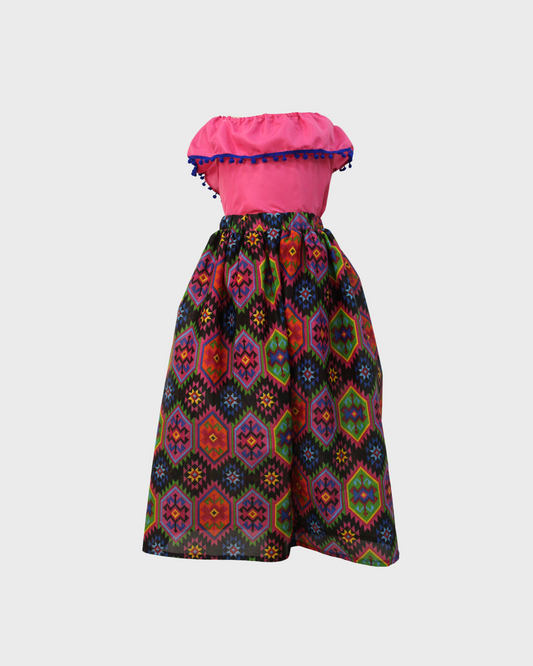 Set Patrio Falda  Rayas Estilo Mexicana y Blusa Campesina color Rosa  pompones Azul Rey