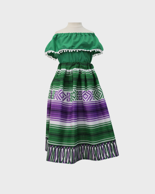 Set Patrio Falda  Rayas Estilo Mexicana y Blusa Campesina color Verde pompones Blancos