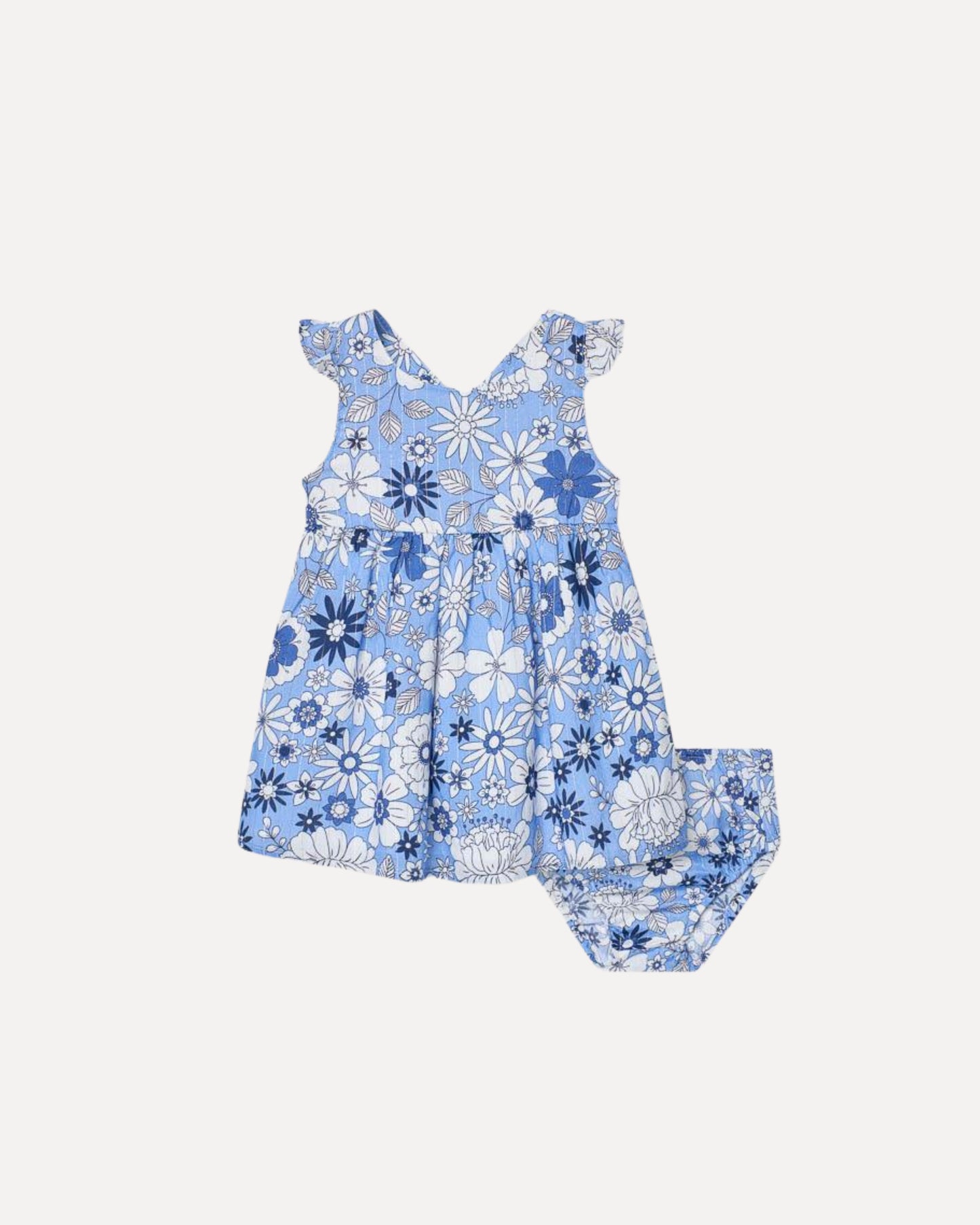 Vestido azul flores blancas, espalda cruzado