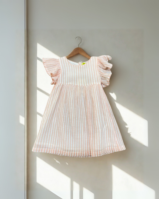 Vestido salmon rayas blancas, manga volada