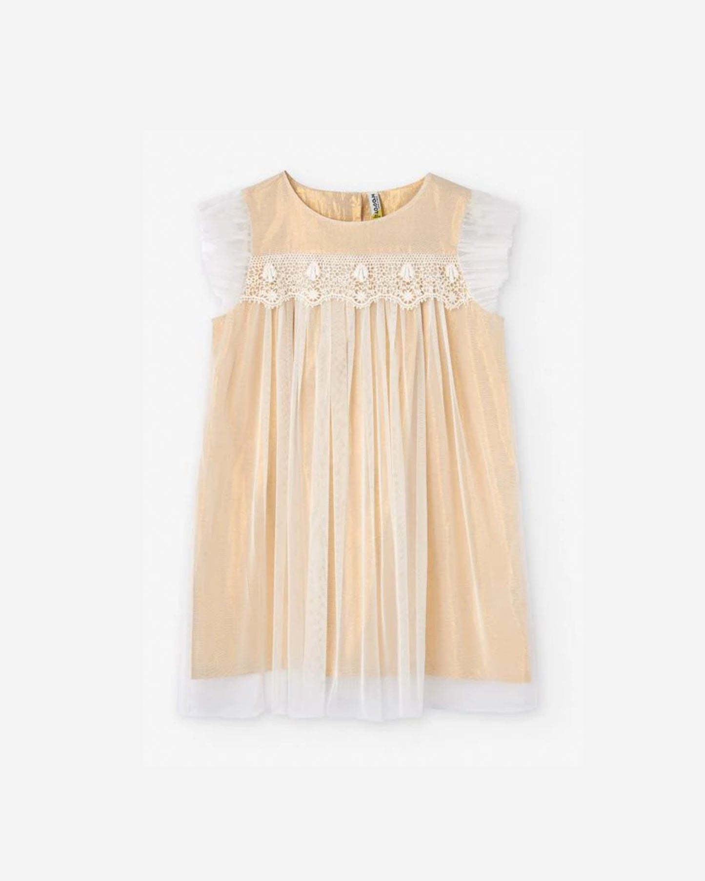 Vestido corte A, oro con tul nude