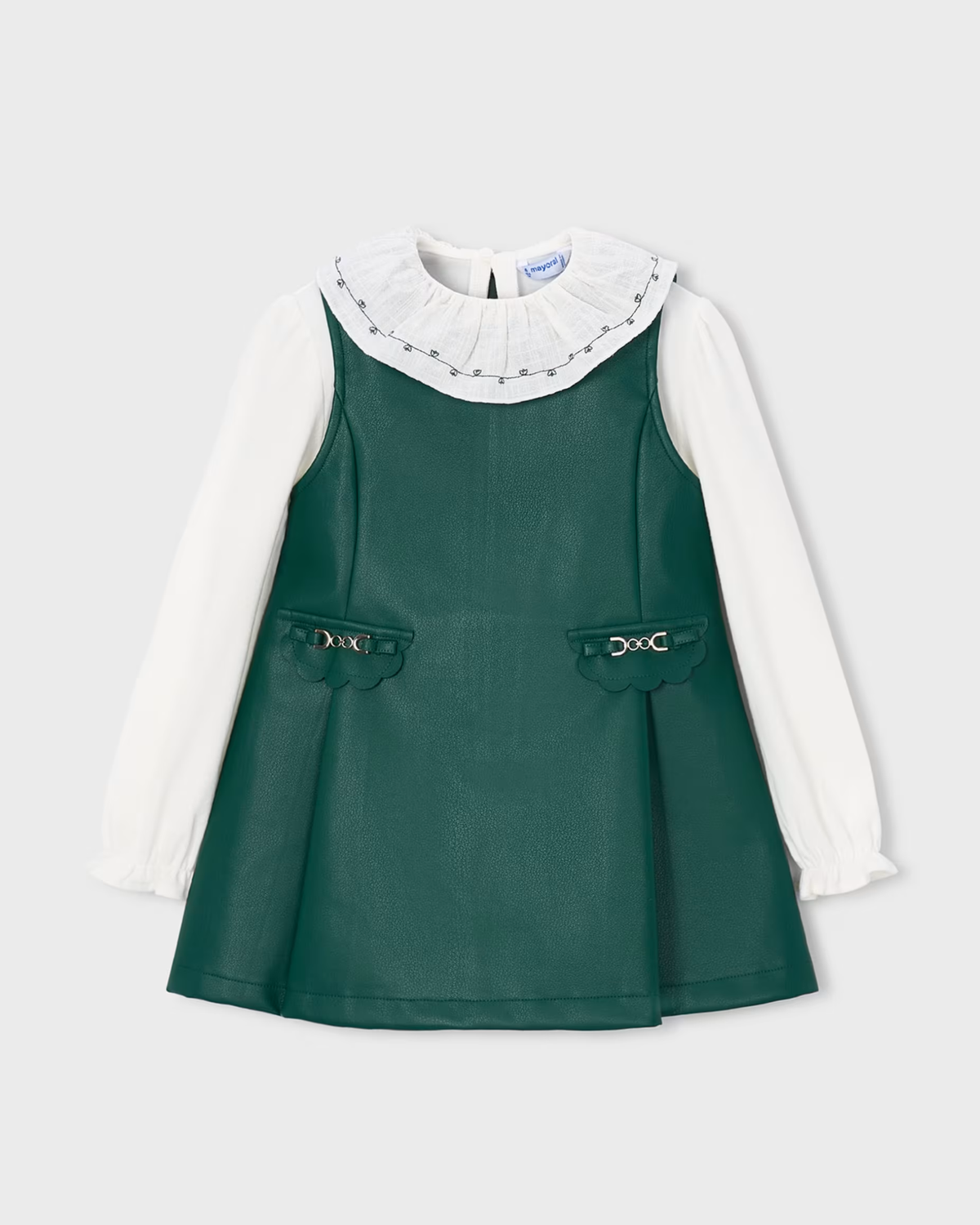 Vestido polipiel verde botella con blusa olanes