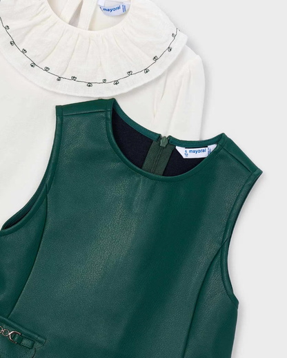 Vestido polipiel verde botella con blusa olanes