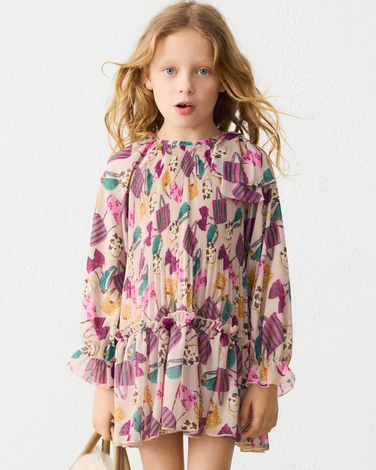 Vestido plisado estampado rosa botella
