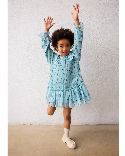 Vestido plisado estampado azul anis