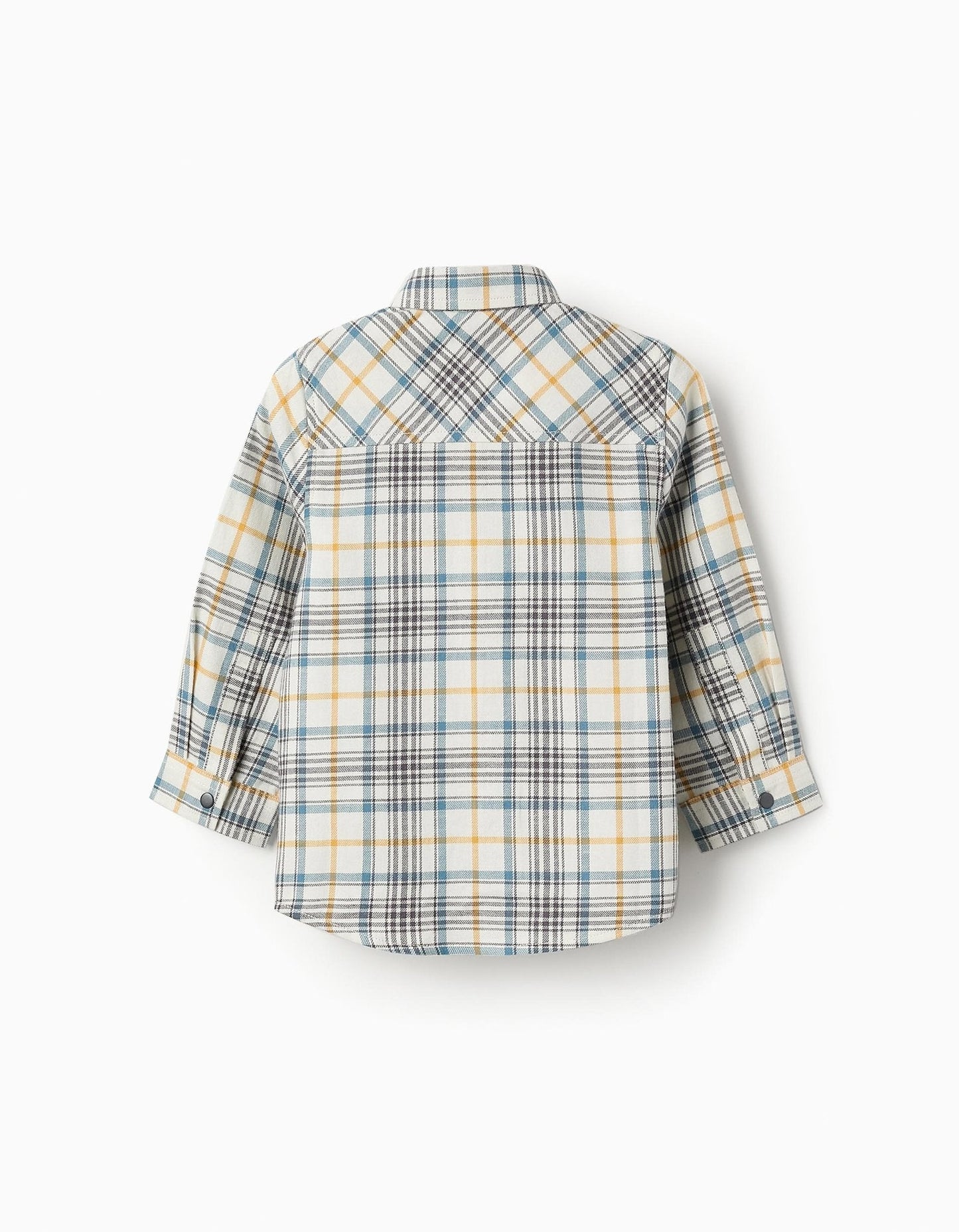 camisa de franela a cuadros azul, amarillo y crema