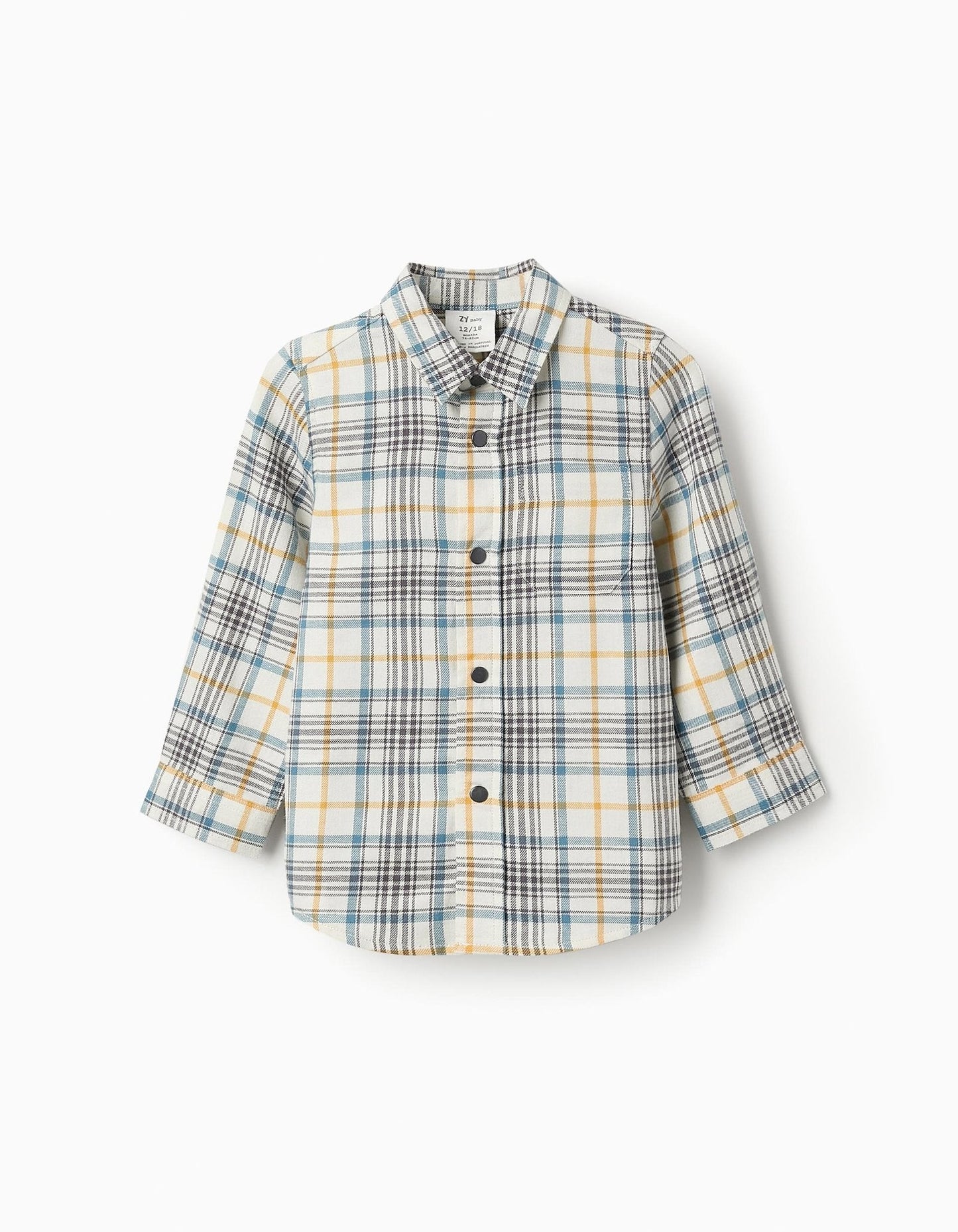 camisa de franela a cuadros azul, amarillo y crema