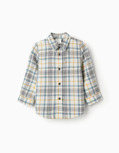 camisa de franela a cuadros azul, amarillo y crema
