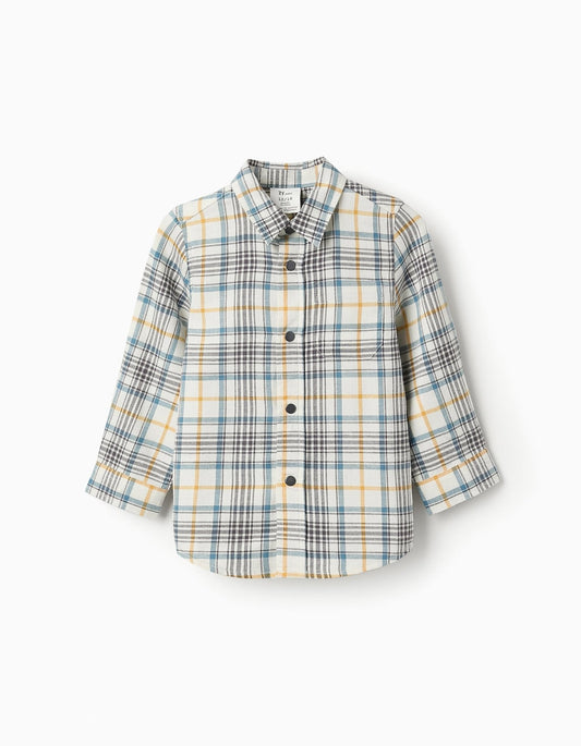 camisa de franela a cuadros azul, amarillo y crema