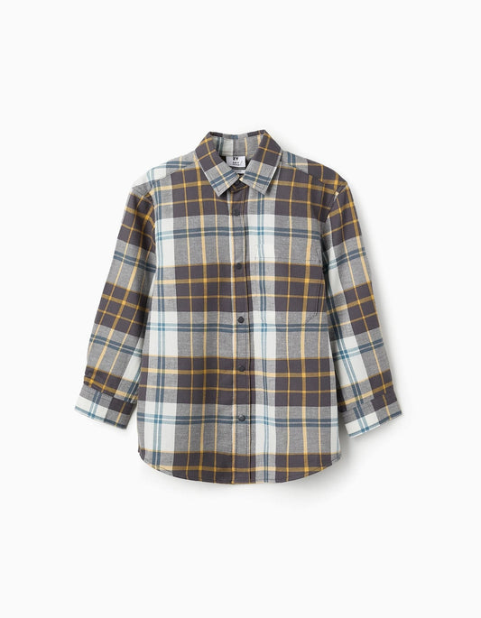 camisa franela a cuadros azul, blanco y amarillo