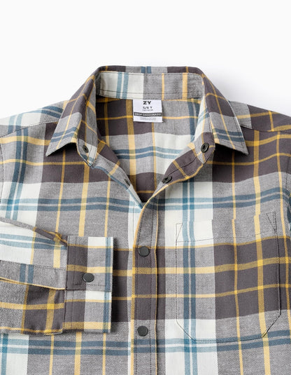 camisa franela a cuadros azul, blanco y amarillo