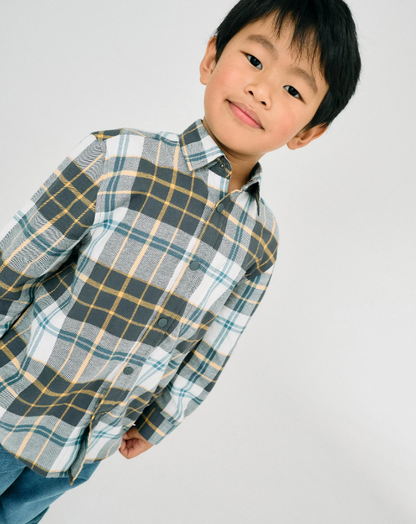 camisa franela a cuadros azul, blanco y amarillo