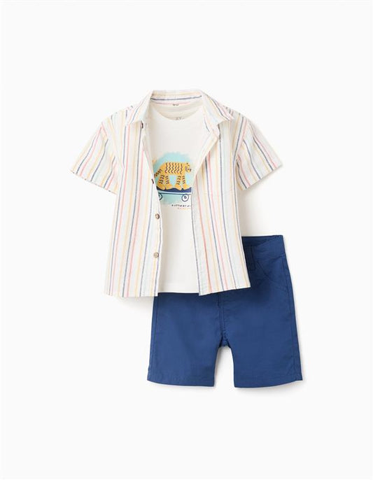 Conjunto camisa ivory + camiseta + short azul