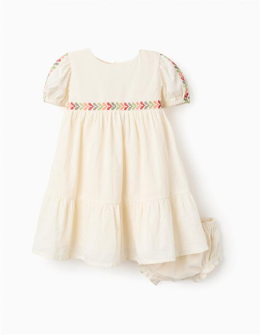 Vestido de lino con bordado + cubrepañal para bebé niña, beige claro