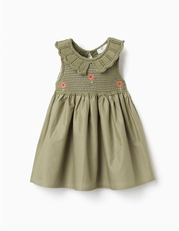 Vestido combinado con flores bordadas para bebé niña, verde oscuro