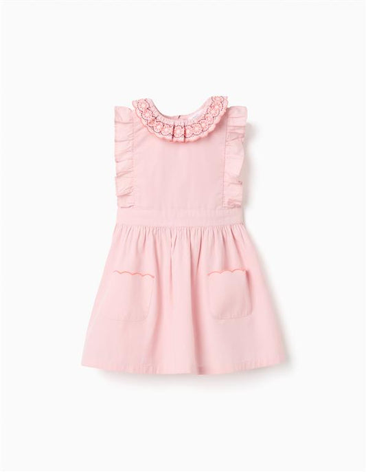 Vestido de popelín con cuello y mangas con volantes rosa para bebé niña
