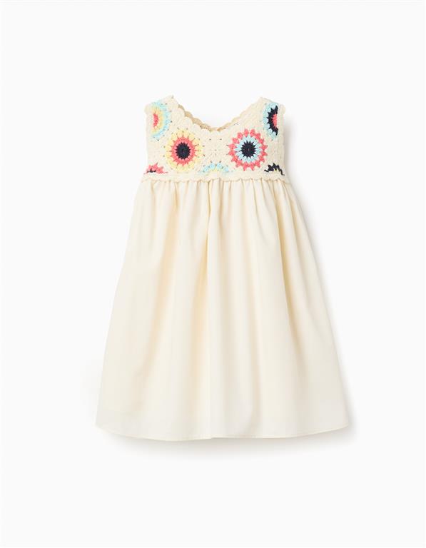 Vestido combinado con flores de croché para bebé, beige claro