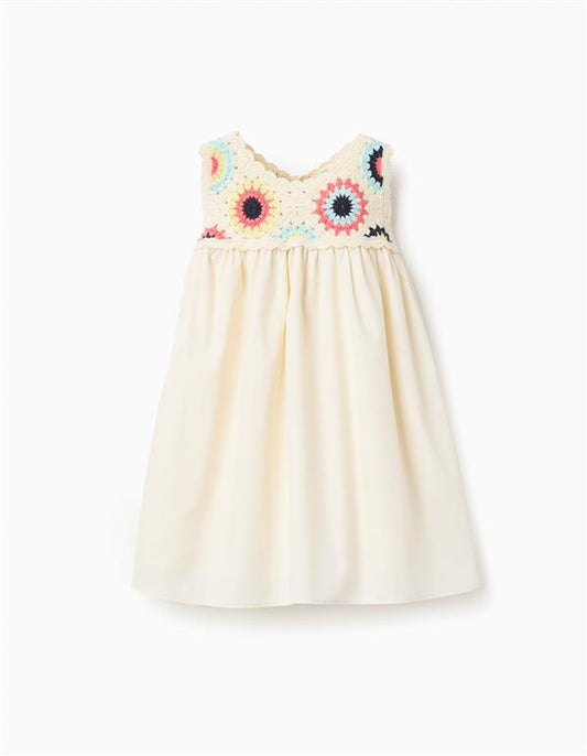Vestido combinado con flores de croché para bebé, beige claro