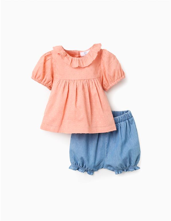 Conjunto blusa coral punto roto + Short azul
