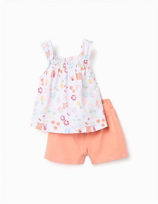 Conjunto short coral + blusa tirantes flores