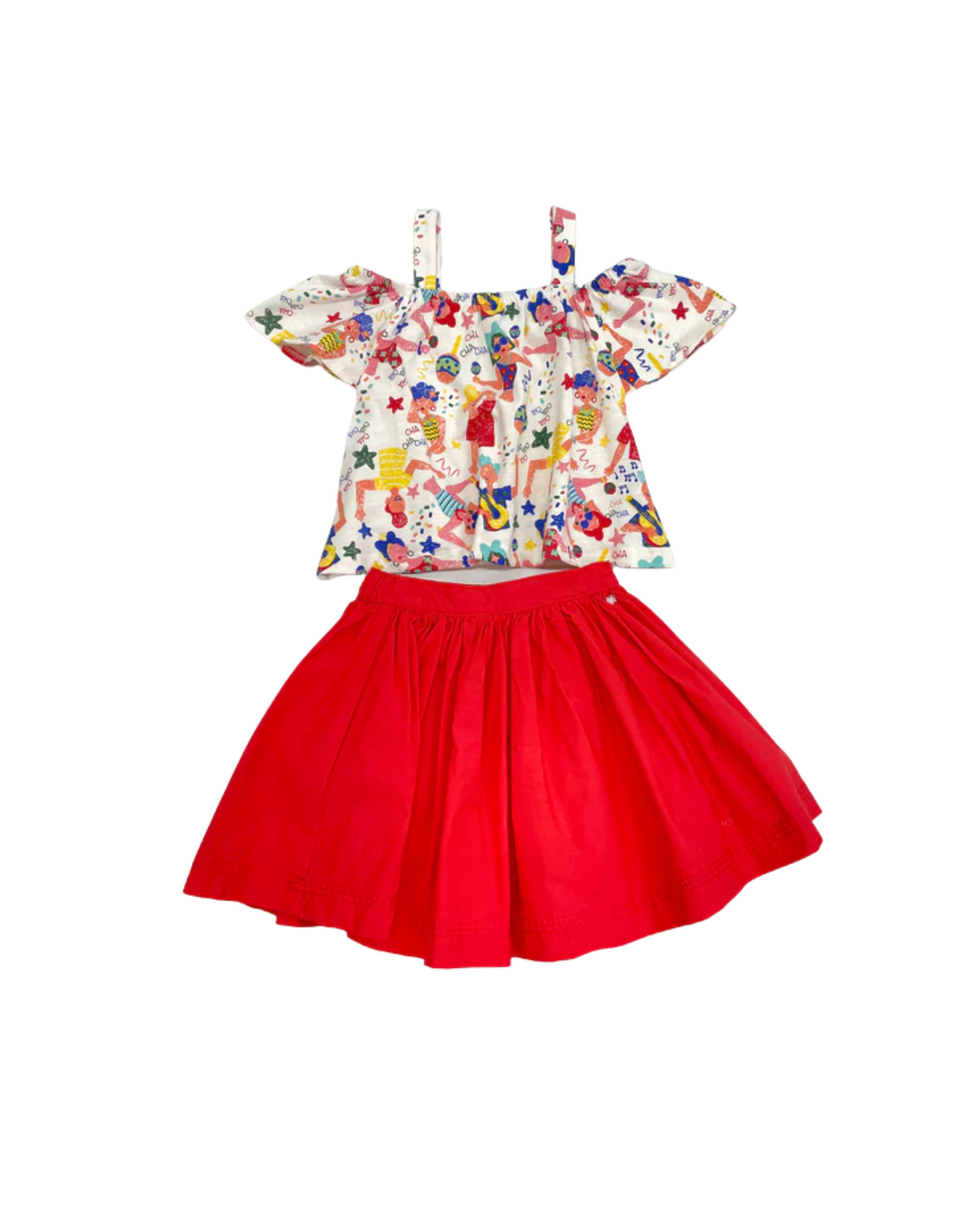 Set Blusa Blanca Cha Cha Cha y falda roja volada