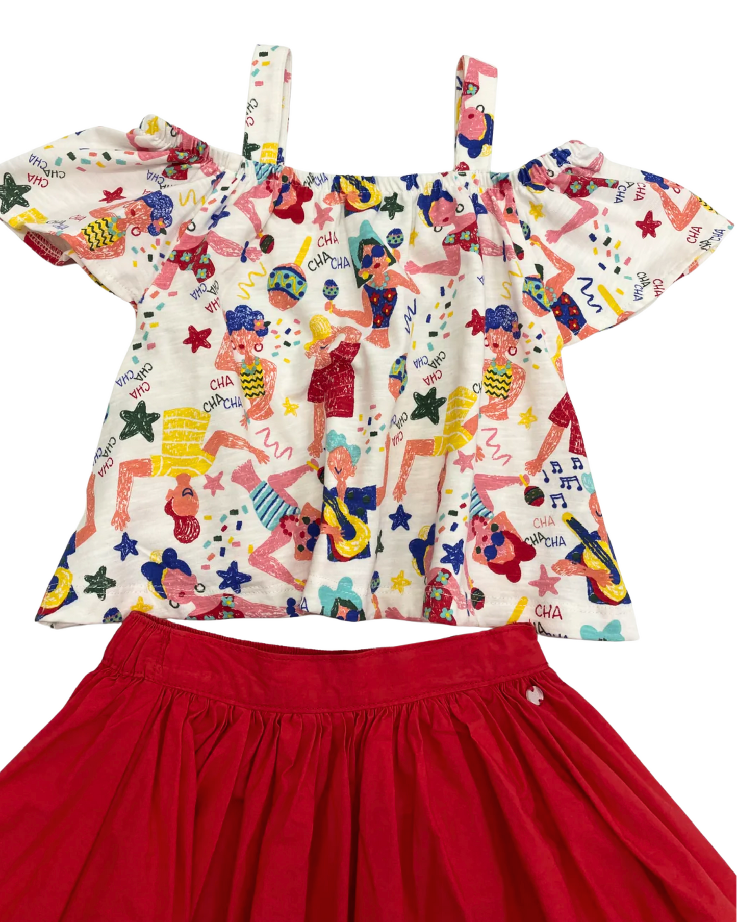 Set Blusa Blanca Cha Cha Cha y falda roja volada