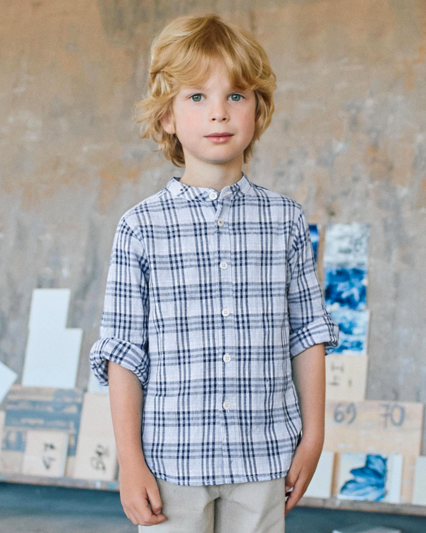 Camisa de algodón a cuadros con mangas remangables B&S para niño, azul