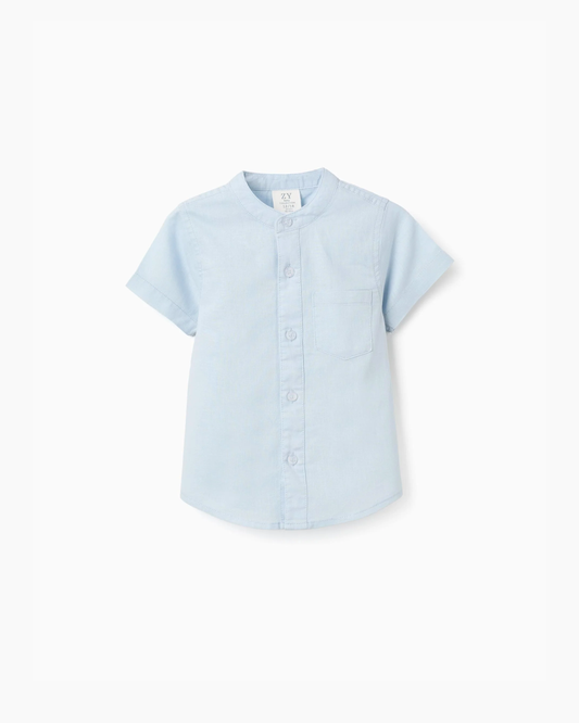 Camisa de lino y algodón con bolsillo para bebé niño, azul claro