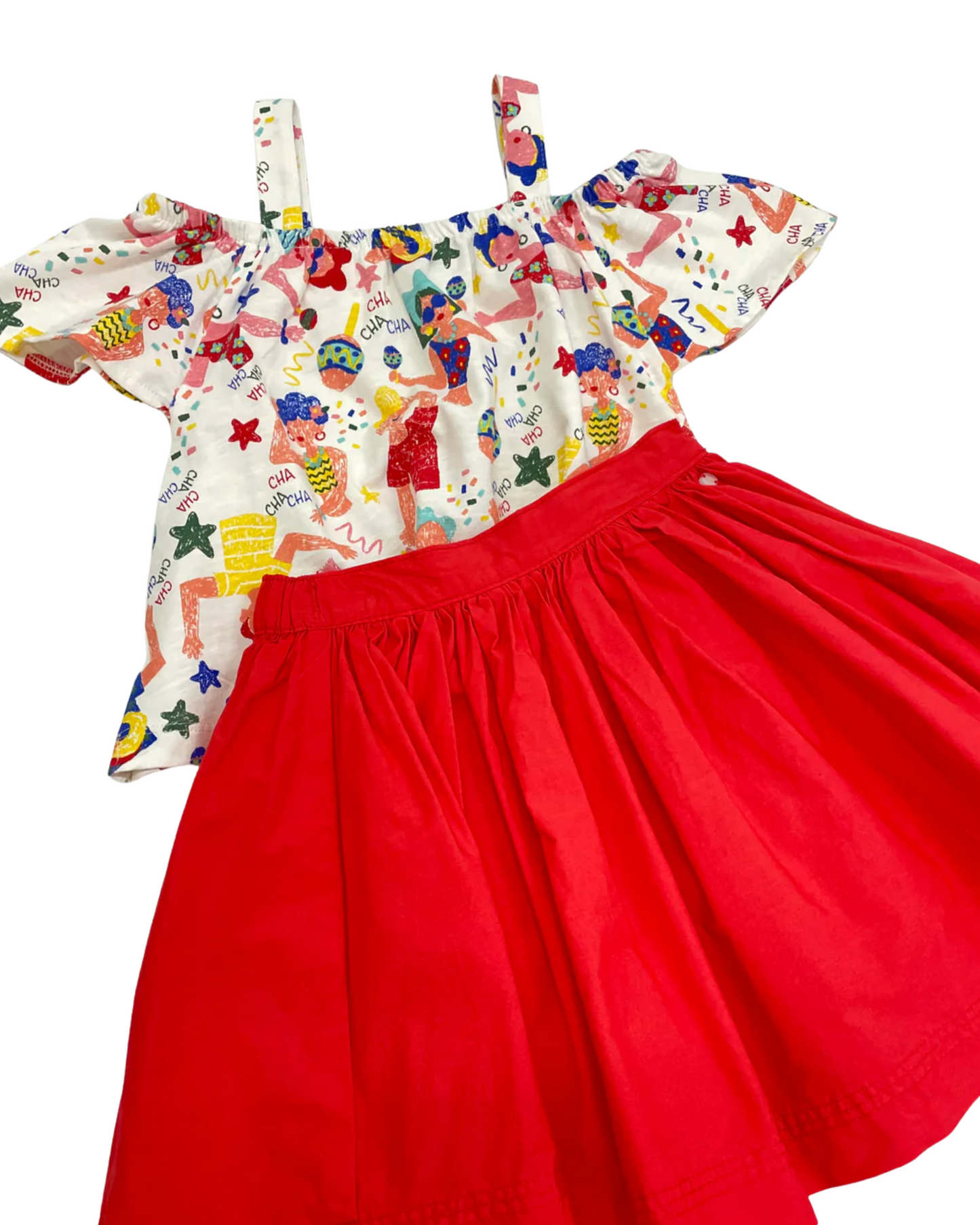 Set Blusa Blanca Cha Cha Cha y falda roja volada
