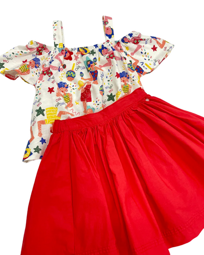 Set Blusa Blanca Cha Cha Cha y falda roja volada