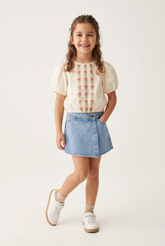 Set blusa ivory 3 tiras bordadas y short-falda denim