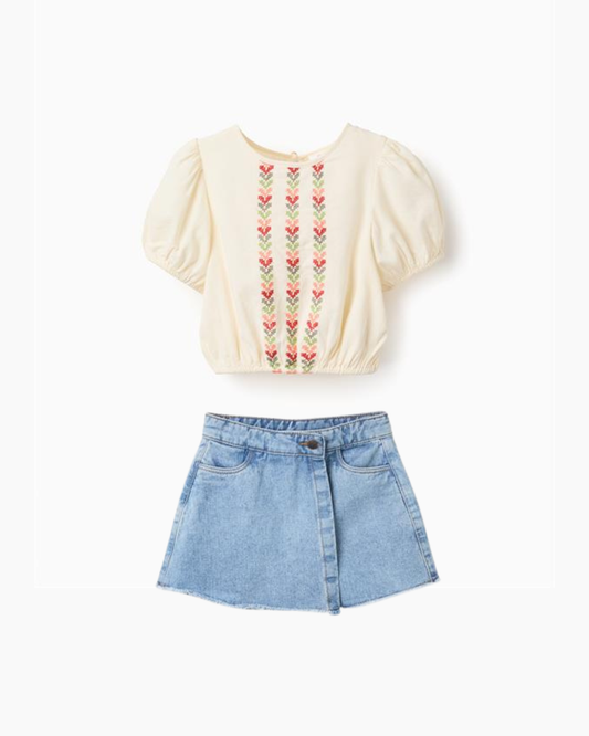 Set blusa ivory 3 tiras bordadas y short-falda denim