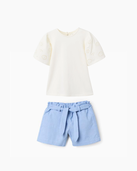 Set blusa ivory manga bordada + short lazo cielo