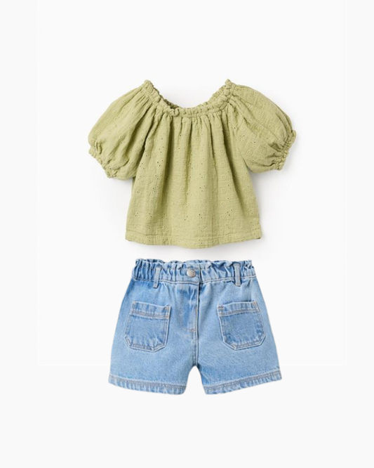 Set short denim + blusa verde