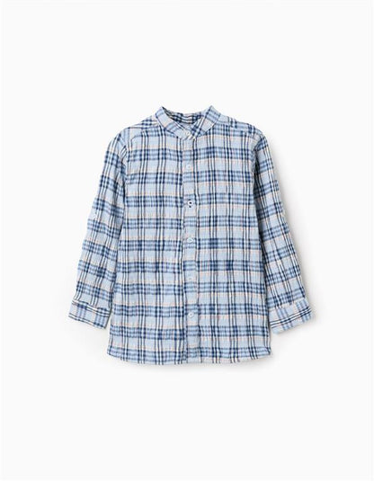 Camisa de algodón a cuadros con mangas remangables B&S para niño, azul