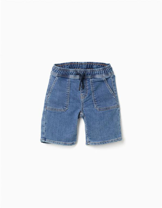 Short denim con jareta, color azul marino