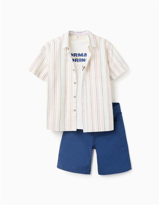 Conjunto beige 3 pzas camisa  + camiseta + short azul