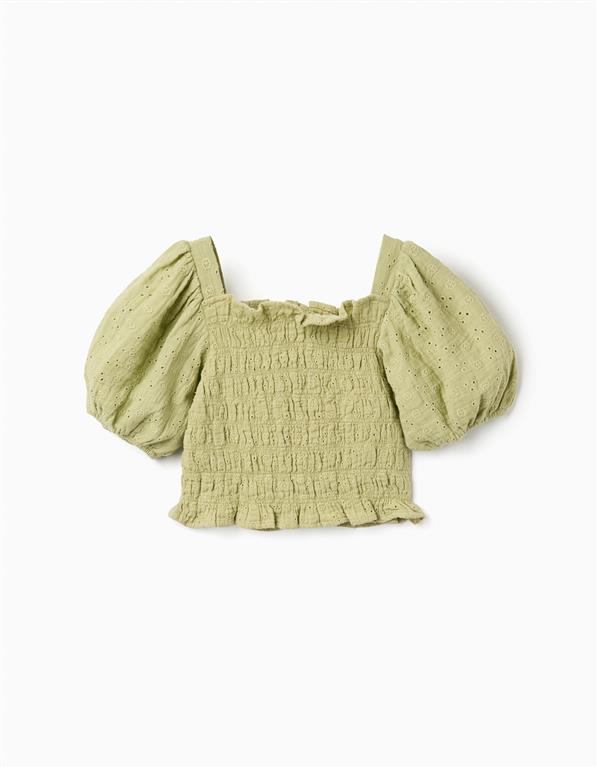 Set blusa verde smock y short ivory bordado