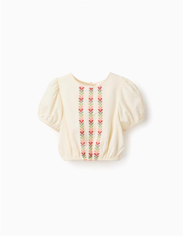 Set blusa ivory 3 tiras bordadas y short-falda denim