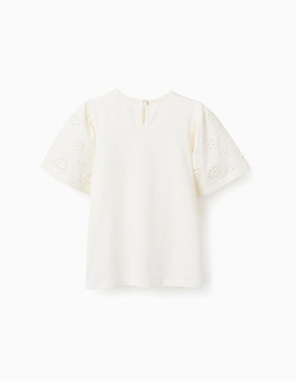 Set blusa ivory manga bordada + short lazo cielo