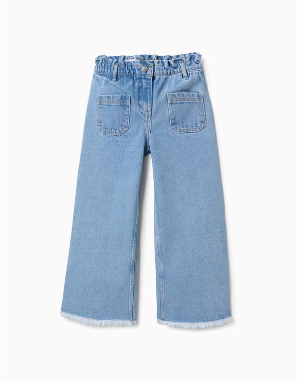 Pantalón denim claro 2 bolsas al frente, elástico en la cintura