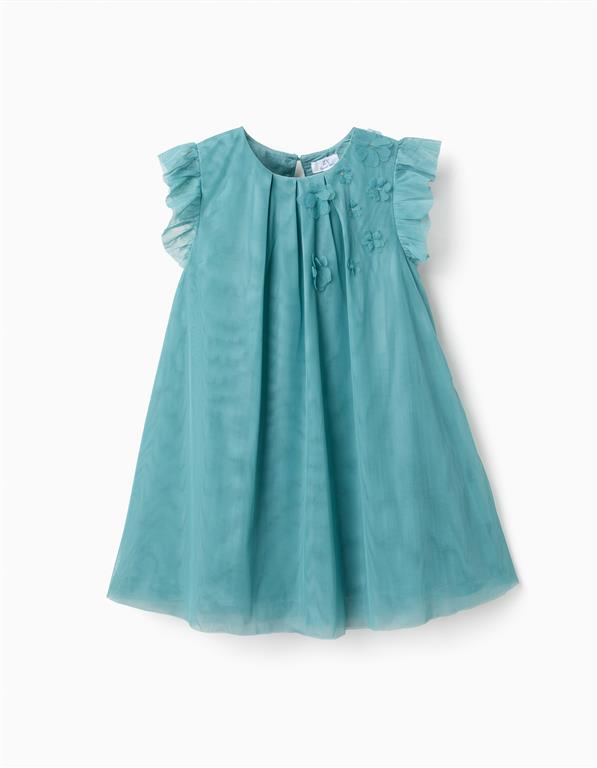 Vestido tul azul 8 flores 3D manga ruffle