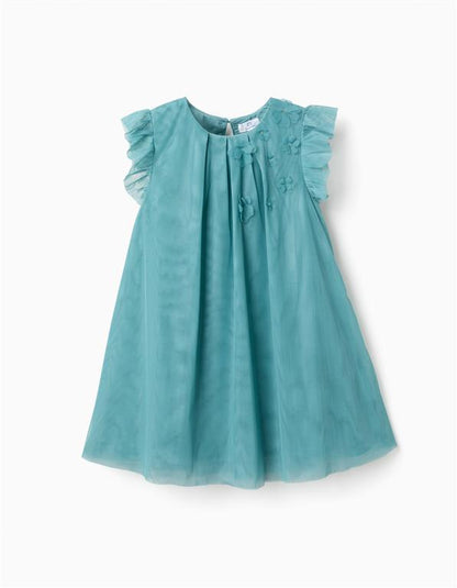Vestido tul azul 8 flores 3D manga ruffle