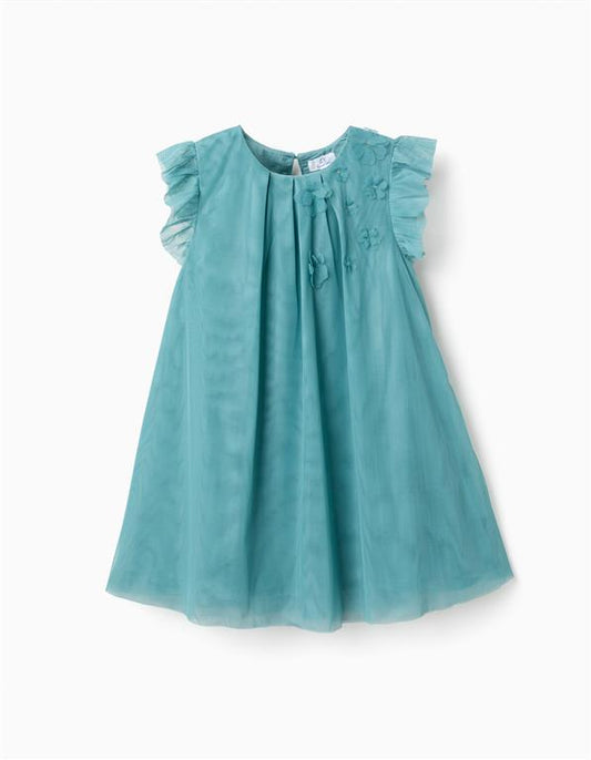 Vestido tul azul 8 flores 3D manga ruffle