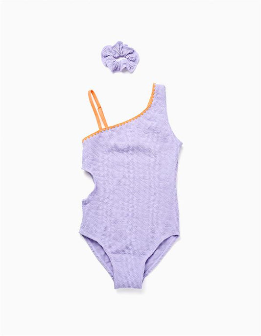 Bañador +Scrunchie lila tirantes naranja
